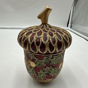 Vintage Collectible Cloisonne Red, Green Enamel Acorn Shaped Trinket Box